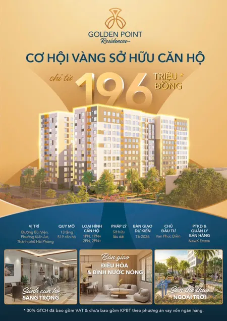 🌟 GOLDEN POINT RESIDENCE – NHÀ Ở XÃ HỘI CHỈ TỪ 250 TRIỆU 🌟

💥 1PN: 36–43m² | 2PN: 52–63m²
📍 Vị trí vàng: Nút giao Vành đai 2 – Bùi Viện, đối diện công viên hồ điều hòa 17ha.
📍 Liền kề Aeon Mall, ĐH Hàng Hải, ĐH Y, Vinmec, sân bay Cát Bi…
📍 Vị trí đẹp