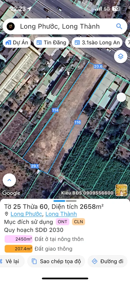 Bán đất 2657.9m² ngang 20m giá 40 tỷ Xã Long Phước