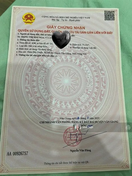 Chính chủ bán đất tại mễ sở, văn giang, hưng yên, ô tô, đường thông, 51.5m2, mt 5m. không lỗi