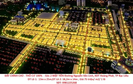 ĐẤT CHÍNH CHỦ - THỔ CƯ 100%  - Góc 2 MẶT TIỀN Đường Nguyễn Văn Linh, KĐT Hoàng Phát, TP Bạc Liêu