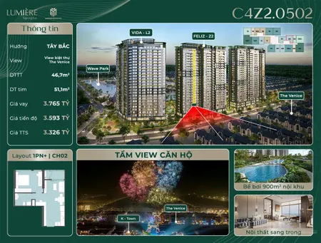 Căn hộ 1pn+ lumiere springbay ch02 diện tích 46,7m2 thiết kế tối ưu công năng. hướng tây bắc