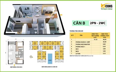 2pn2wc 51m2 2ty có full nội thất chung cư bcons green view làng đại học, đang sẵn hđ thuê 7tr