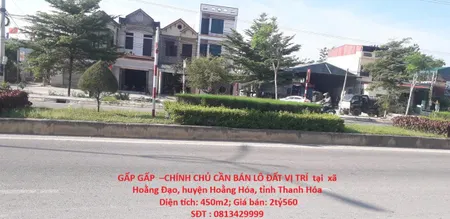 GẤP GẤP  –CHÍNH CHỦ CẦN BÁN LÔ ĐẤT VỊ TRÍ  tại  xã Hoằng Đạo, huyện Hoằng Hóa, tỉnh Thanh Hóa