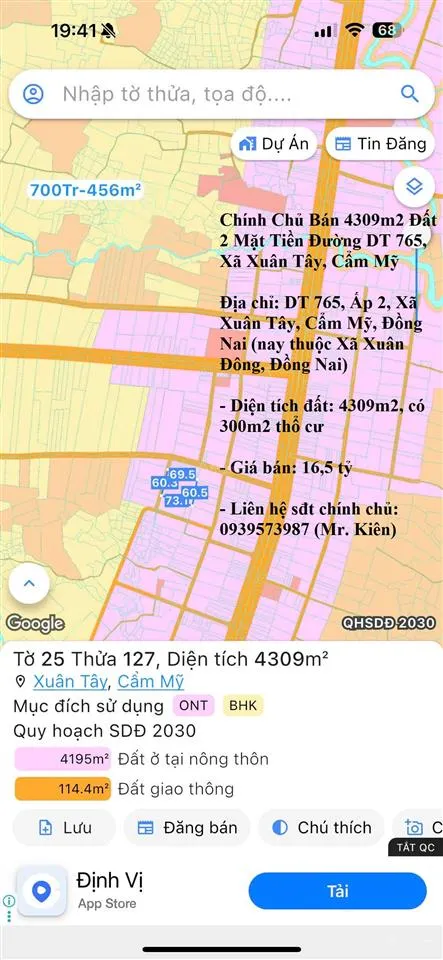 Chính chủ bán 4309m2 đất 2 mặt tiền đường đt 765, xã xuân tây, cẩm mỹ