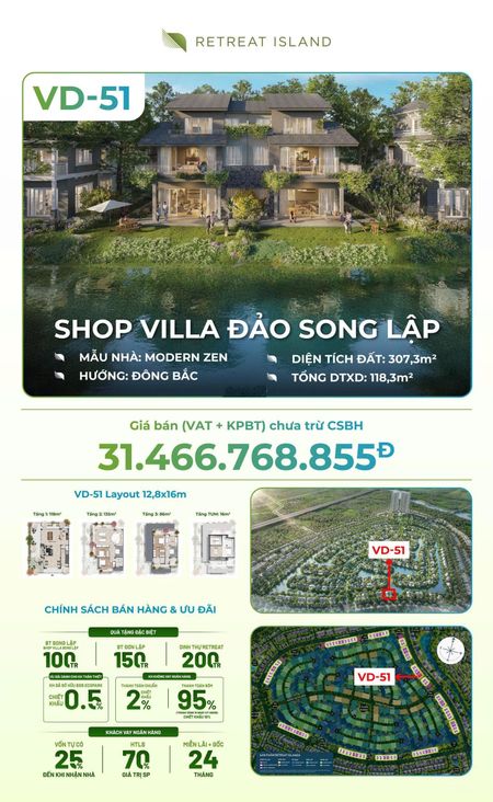 Bán biệt thự đảo đơn lập eco retreat- giá gốc cđt: 42,1tỷ -thanh toán theo tiến độ- ck đến 10%