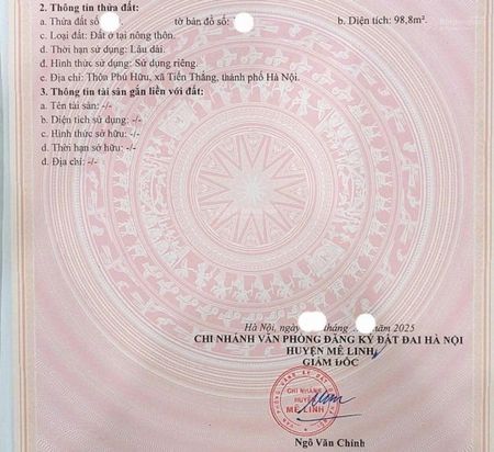 Bán lô đất trục chính Phú Hữu- Thanh Lâm- Mê Linh- Hà Nội(cũ) DT 98.8m2(520) full tc Đường rộng 7m