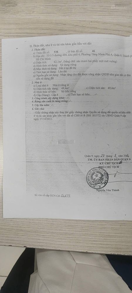 Bán đất Đường số 494 Lê Văn Việt , P.TNPA , Quận 9 _ DT : 62m , Hướng Tây Nam