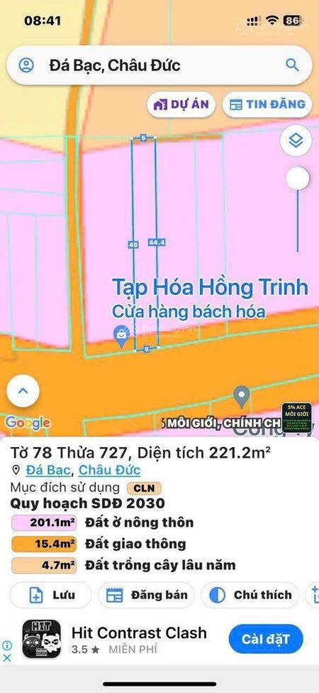 Bán lô đất 1 xẹt quốc lộ 56, nằm trên mặt tiền đường Châu Đức. 5x44 có 100m2 thổ cư đất siêu đẹp