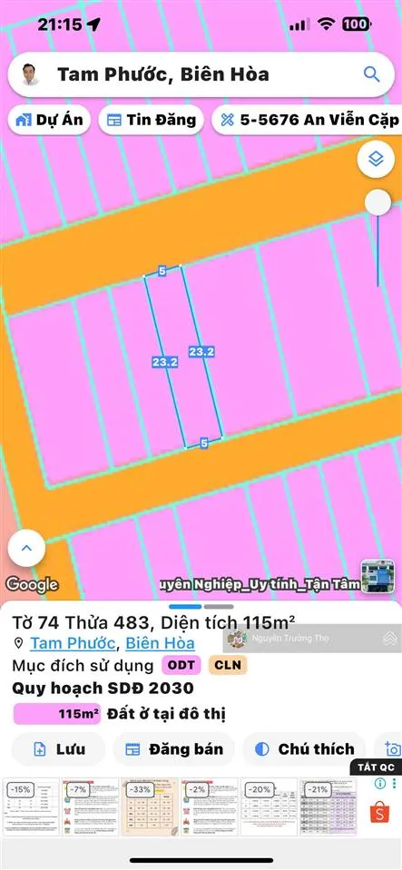 Bán đất 2 mặt tiền, ngang 5m dài 23m. tam phước biên hòa cách đường phùng hưng 300m