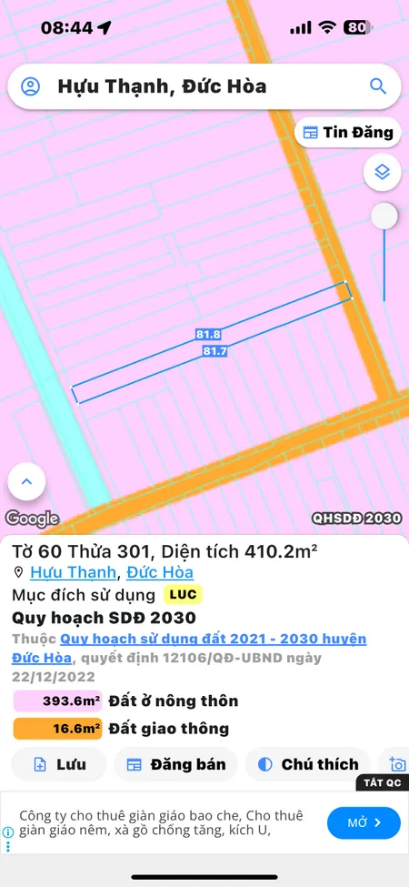 Bán đất 410.2m² ngang 5,1m giá 1 tỷ Xã Hựu Thạnh