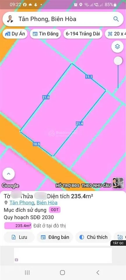 Bán lô đất biệt thự 10,5 x 21m = 235m, sh thổ cư, giá 9,9 tỷ, kdc phúc hải, tân phong, biên hòa
