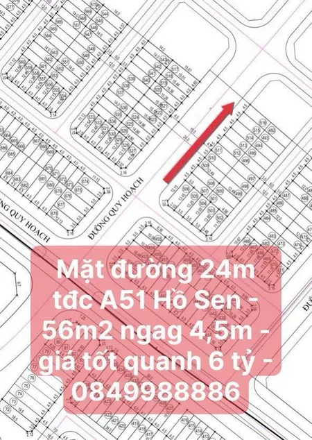 Mặt đường 24m tđc a51 hồ sen 56m2 ngag 4,5m quanh 6 tỷ ngay aeon mall , vinmex, cầu rào 2+3