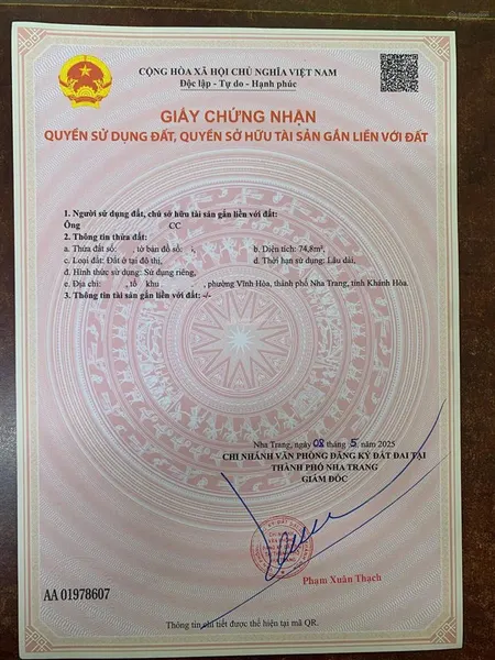 Lô đất đường lê văn huân phường vĩnh hoà nay là bắc nha trang 74,4m2 ngang 6,52m giá 8 tỷ