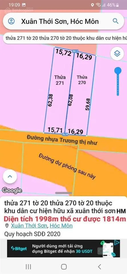 Bán lô đất rẻ đẹp tại xuân thới sơn, hóc môn, tp hcm. dt 1814m2 (ngang 32m) h. namgiá 21 triệu/m2