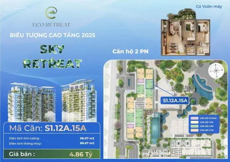 Căn hộ 2PN Eco Long An, Eco Retreat ban công vườn mây, view BT Đảo, 96m2 chỉ 4.5 tỷ rẻ nhất thị trường