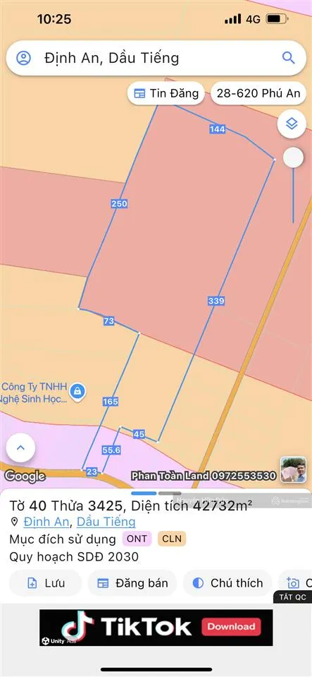 Bán đất 4,3ha (300m2 thổ cư 38.000m2 skc) xã định an, huyện dầu tiếng, bình dương (11 tỷ/ha)