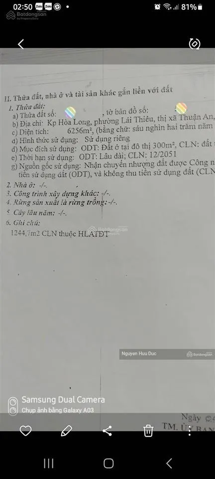 Bán đất mặt tiền đường ngô quyền (1,3 hecta) phường lái thiêu thuận an bình dương (thổ cư 2.359m2)