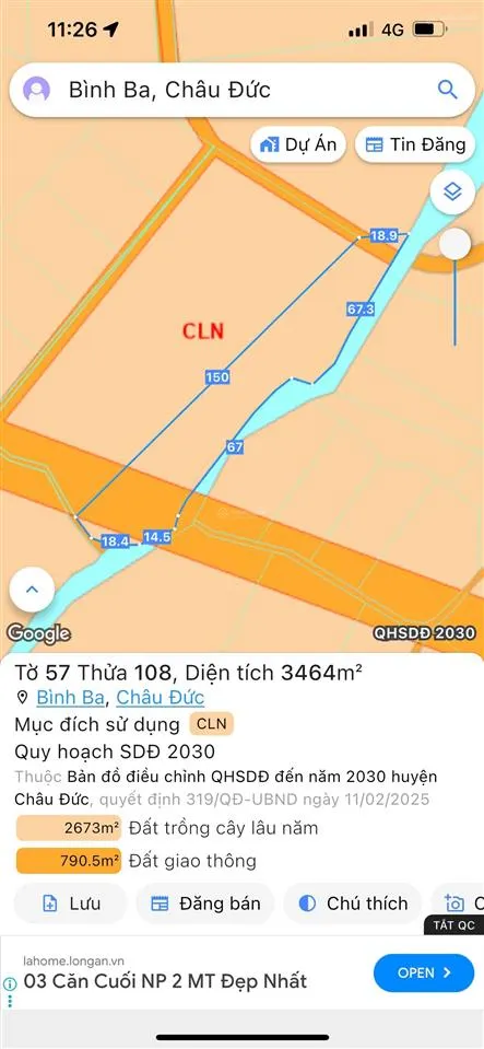 Trung cân bán lô đất 2 mặt tiền đường nhựa và mặt tiền đất. đất bình ba