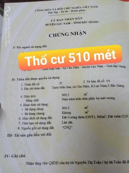 Bán đất 510m² ngang 33m giá 5.8 tỷ Xã Lục Nam