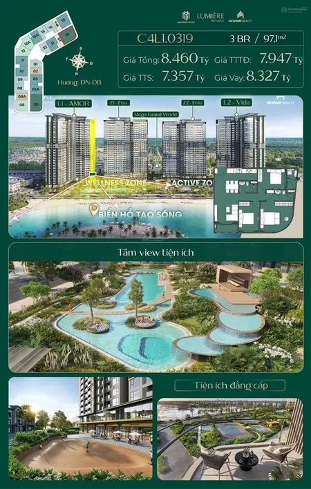 Độc quyền căn 3pn góc view hồ tạo sóng tại lumiere spring bay