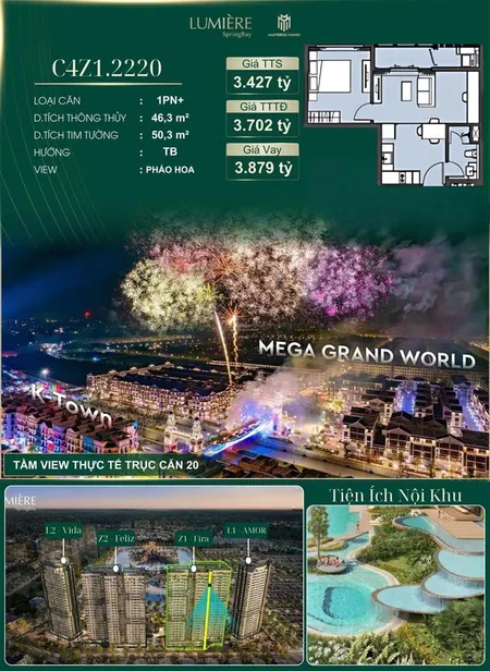 Bán nhanh căn 1n + siêu rẻ tại lumiere spring bay view pháo hoa siêu đẹp chỉ 3,4 tỷ