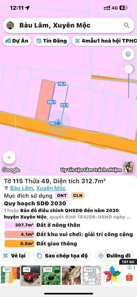 Bán đất tại xã bàu lâm, 2 tỷ, 312m2, mặt tiền 10m, pháp lý đầy đủ
