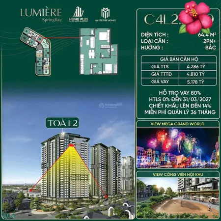 Rẻ nhất cả nước căn 2n góc tầng cao giá chỉ 4,x tỷ ngắm pháo hoa mãn nhãn lumiere spring bay