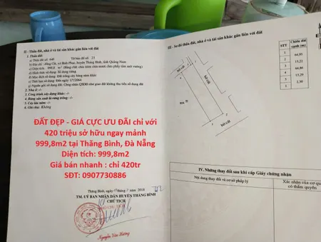 ĐẤT ĐẸP - GIÁ CỰC ƯU ĐÃI chỉ với 420 triệu sở hữu ngay mảnh 999,8m2 tại Thăng Bình, Đà Nẵng