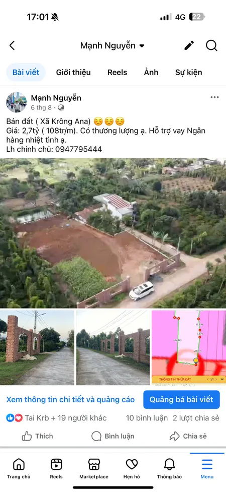 Bán đất 1487m² ngang 25m giá 2.7 tỷ Xã Krông Ana