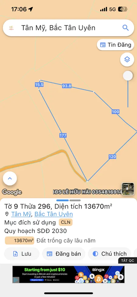 Bán đất 13670.4m² ngang 120m giá 8.2 tỷ Phường Tân Uyên