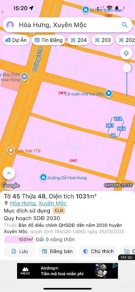 đất đẹp + Rẻ: Hoà Hưng, Xuyên Mộc, Brvt (hoà Hội - Tp. Hcm). 26x39m, Phủ Hồng Toàn Bộ (95tr/m2). M