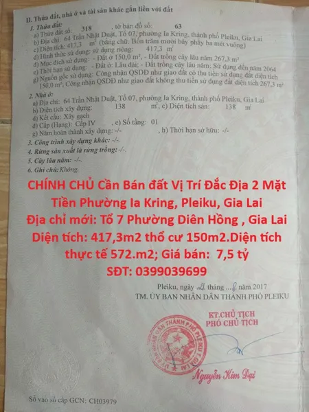 VỊ TRÍ ĐẸP - GIÁ TỐT -CHÍNH CHỦ Cần Bán đất Vị Trí Đắc Địa 2 Mặt Tiền Phường Ia Kring, Pleiku, Gia Lai