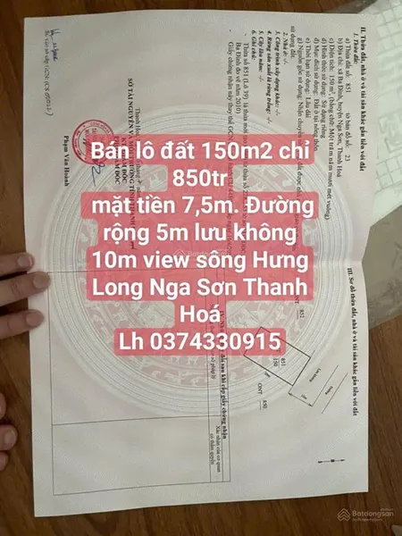 Bán 150m2 đất giá 850tr tại ba đình nga thắng thanh hoá
