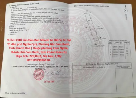 GIÁ TỐT - CHÍNH CHỦ cần tiền Bán Nhanh Lô Đất Vị Trí Tại Phường Bắc Cam Ranh, Tỉnh Khánh Hòa