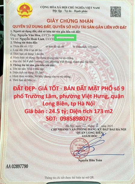 ĐẤT ĐẸP- GIÁ TỐT - BÁN ĐẤT MẶT PHỐ TRƯỜNG LÂM, Quận LONG BIÊN, tp HÀ NỘI