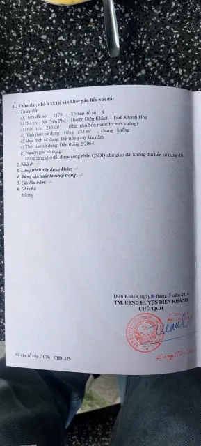 Bán lô góc 2 mặt tiền ở Diên Phú . Diên Khánh . DT 243m2 , giá 4,5tr/m2 còn TL