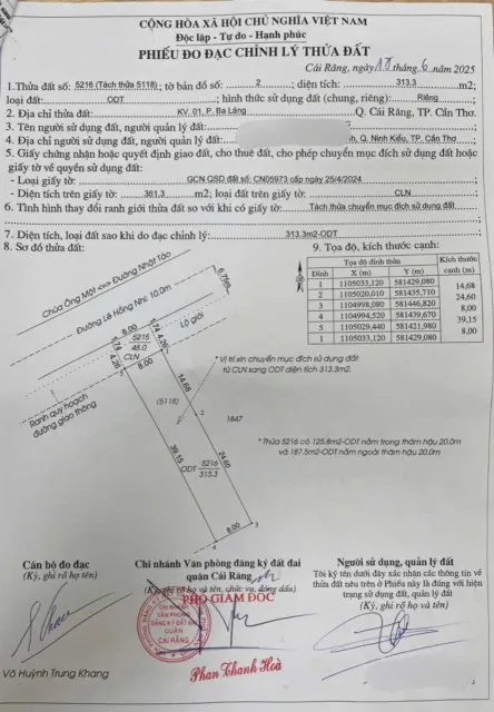Bán nền 361m2 đất ở. Mặt tiền đường Lê Hồng Nhi, Phường Cái Răng, Cần Thơ.