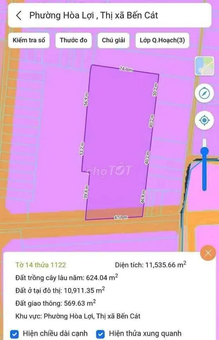 Bán đất 11607.1m² ngang 63m giá 97.9 tỷ Phường Hòa Lợi