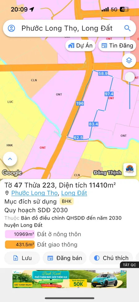 Bán đất 11411.6m² ngang 196m giá 28 tỷ Xã Đất Đỏ