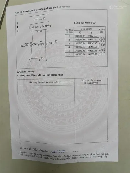Mặt đường tỉnh lộ 316 giá chỉ hơn 10tr/m2. đất 257m2, 172m2 thổ cư giá chỉ 2,2 tỷ