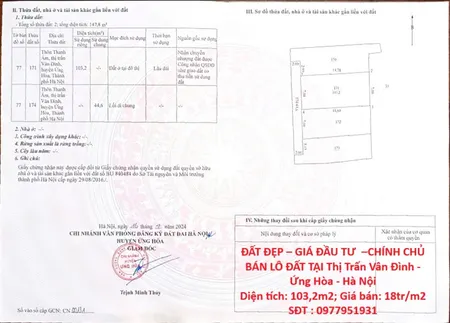 ĐẤT ĐẸP – GIÁ ĐẦU TƯ  –CHÍNH CHỦ BÁN LÔ ĐẤT TẠI Thị Trấn Vân Đình - Ứng Hòa - Hà Nội