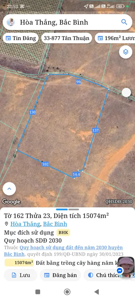 Bán đất 15074m² giá 5.5 tỷ Xã Hòa Thắng