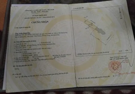 Bán 373,6 có thổ cư mặt tiền đường QL1A xã Vĩnh Phương, Nha Trang , Khánh Hoà . Giá 3 tỉ 540 triệu