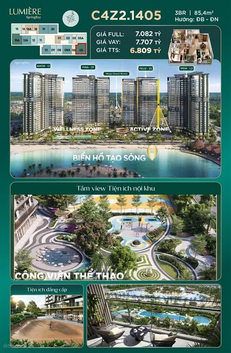 Căn hộ siêu hot bán tại lumiere springbay, 6,8 tỷ, 85.4m2, 3pn, 2wc