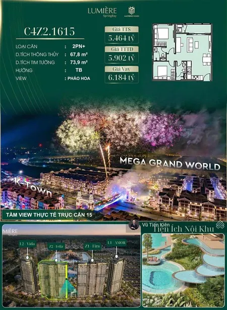 Bán cc đẹp xuất sắc tại lumiere springbay, căn góc 5,464 tỷ, 67.9m2, 2pn, 2vs, văn giang, hưng yên