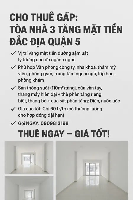 🔹🔹🔹CHO THUÊ GẤP: Tòa Nhà 3 Tầng Mặt Tiền Đắc Địa Quận 5🔹🔹🔹