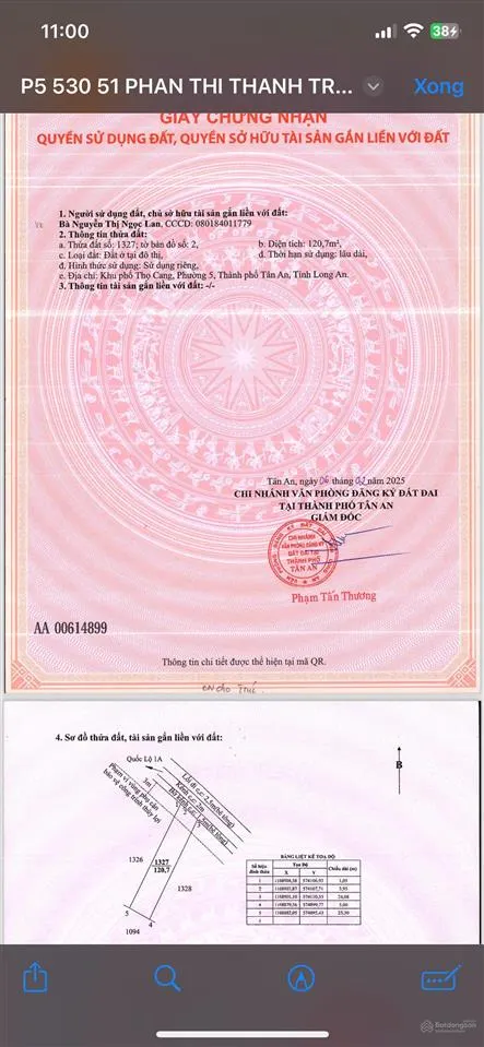 Chính chủ bán đất 100% thổ cư phường 5, tp. tân an, long an chỉ 1 tỷ 8