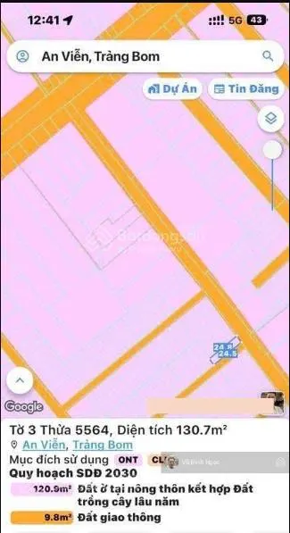 Bán đất tại trần vĩnh lộc, an viễn, trảng bom, đồng nai 2,5 tỷ, 260m2 lô góc phù hợp xây trọ