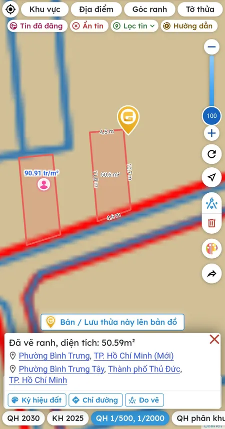 Bán đất 50.6m² ngang 4.6m giá 4.65 tỷ Phường Bình Trưng