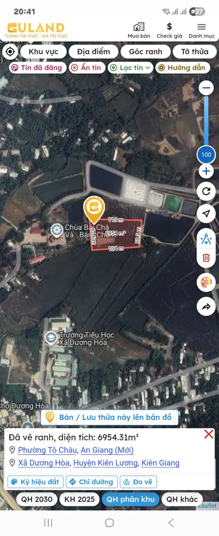 Bán đất 6954.3m² ngang 67m dài 115m ( đất Cây lâu năm) giá 5 tỷ tại Ấp Bãi Chà Và, Xã Dương Hòa, H. Kiên Lương, Kiên Giang ( ngay khu nuôi tôm công nghệ cao )